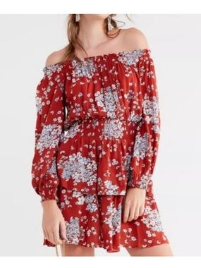 Urban Outfitters Saffron Skies Off-Shoulder Burnt Orange Floral Mini Dress Sz L